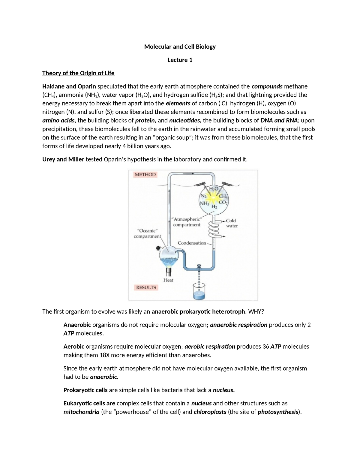 Lecture 1 - Molecular and Cell Biology Lecture 1 Theory of the Origin ...