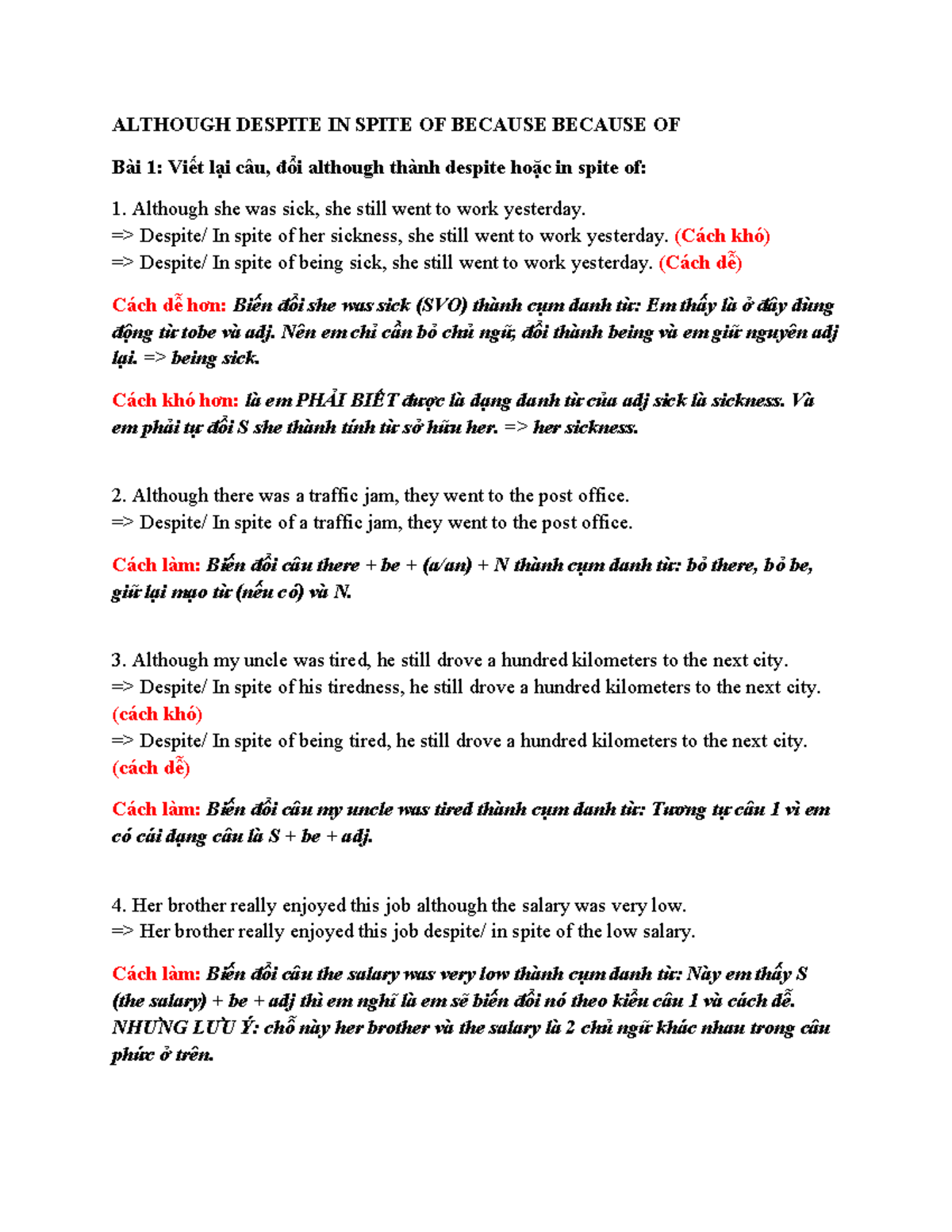 (ĐÁP ÁN) Although Despite IN Spite OF Because Because OF - ALTHOUGH ...