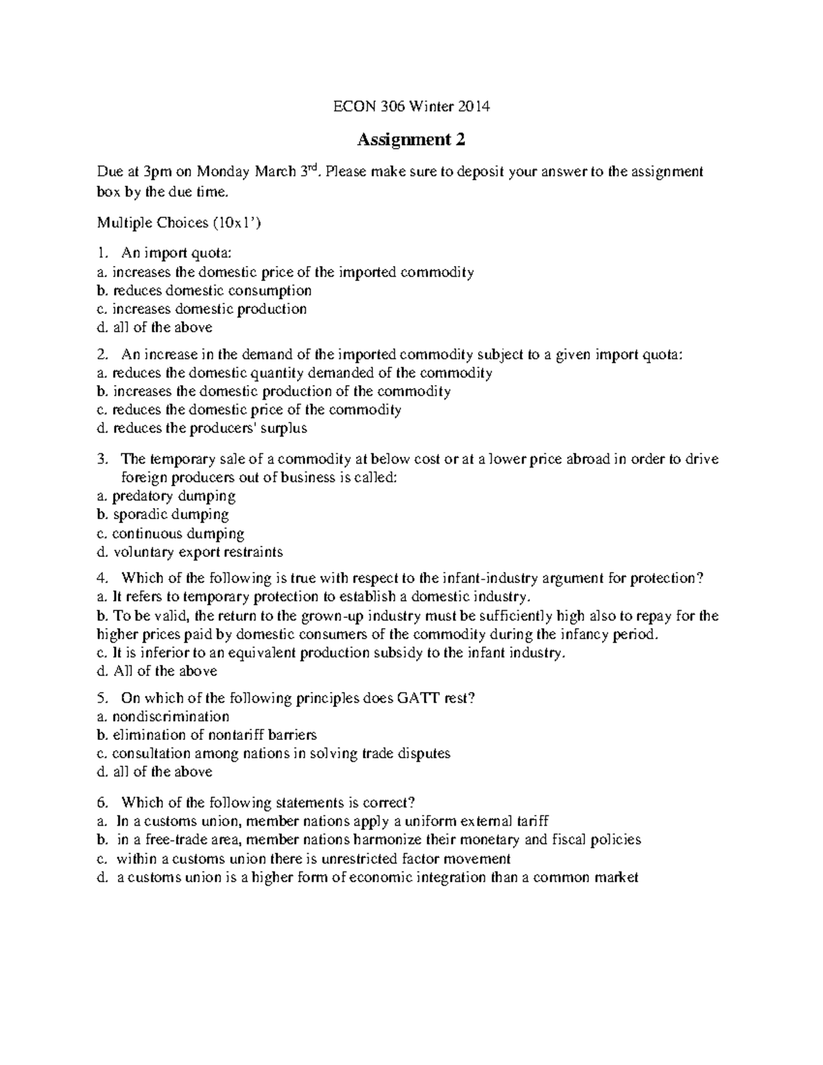 Seminar Assignments 2, Questions And Answers - ECON 306 Winter 2014 ...