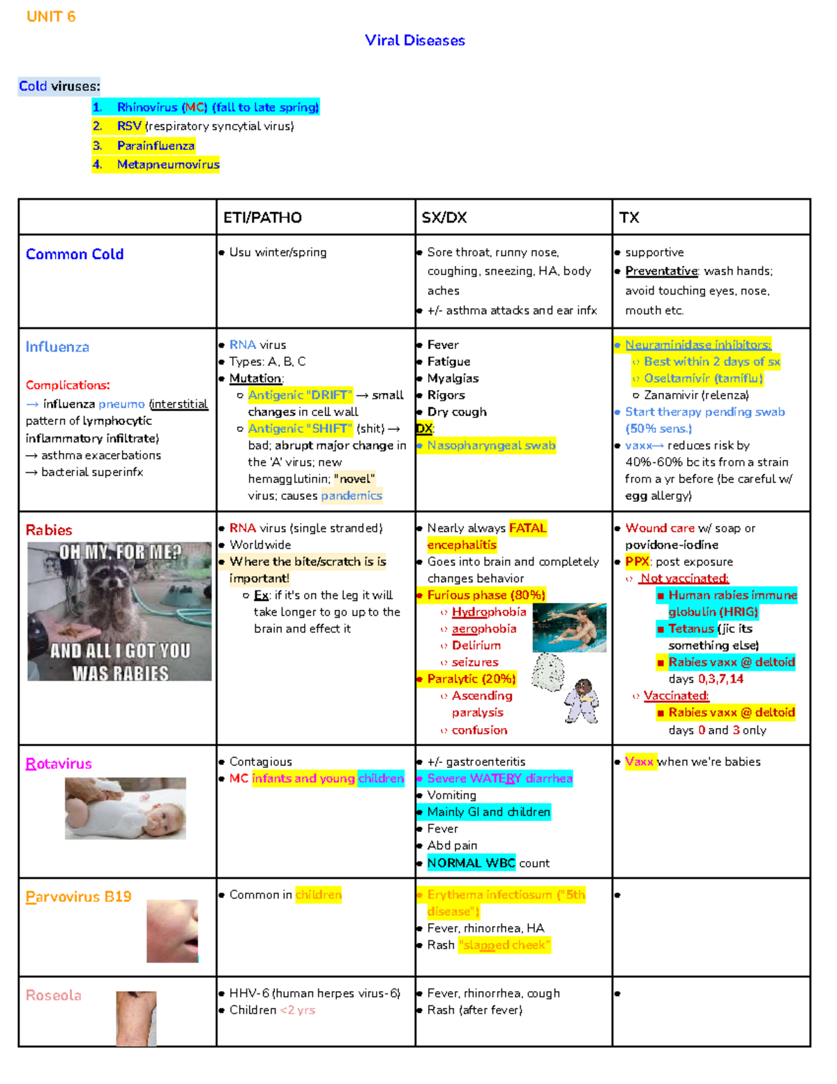 Infectious DZ Final - UNIT 6 Viral Diseases Cold viruses: 1. Rhinovirus ...