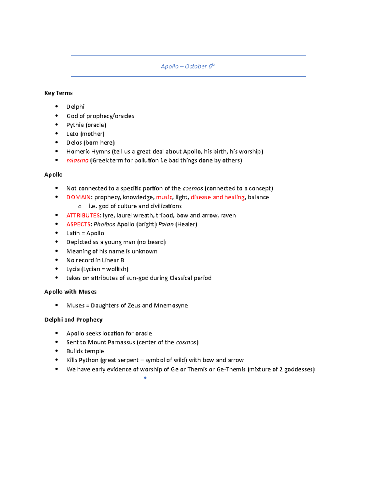 In-Class notes 3 - Apollo – October 6th Key Terms Delphi God of ...