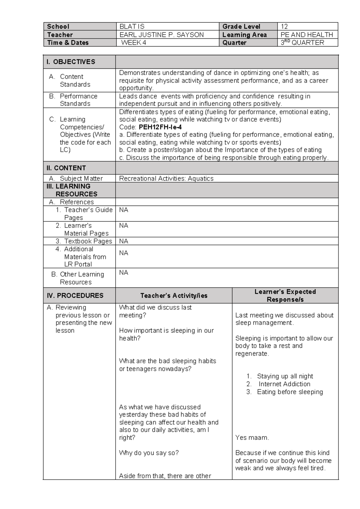 Lc-4 - Activity - School Blat Is Grade Level 12 Teacher Earl Justine P 