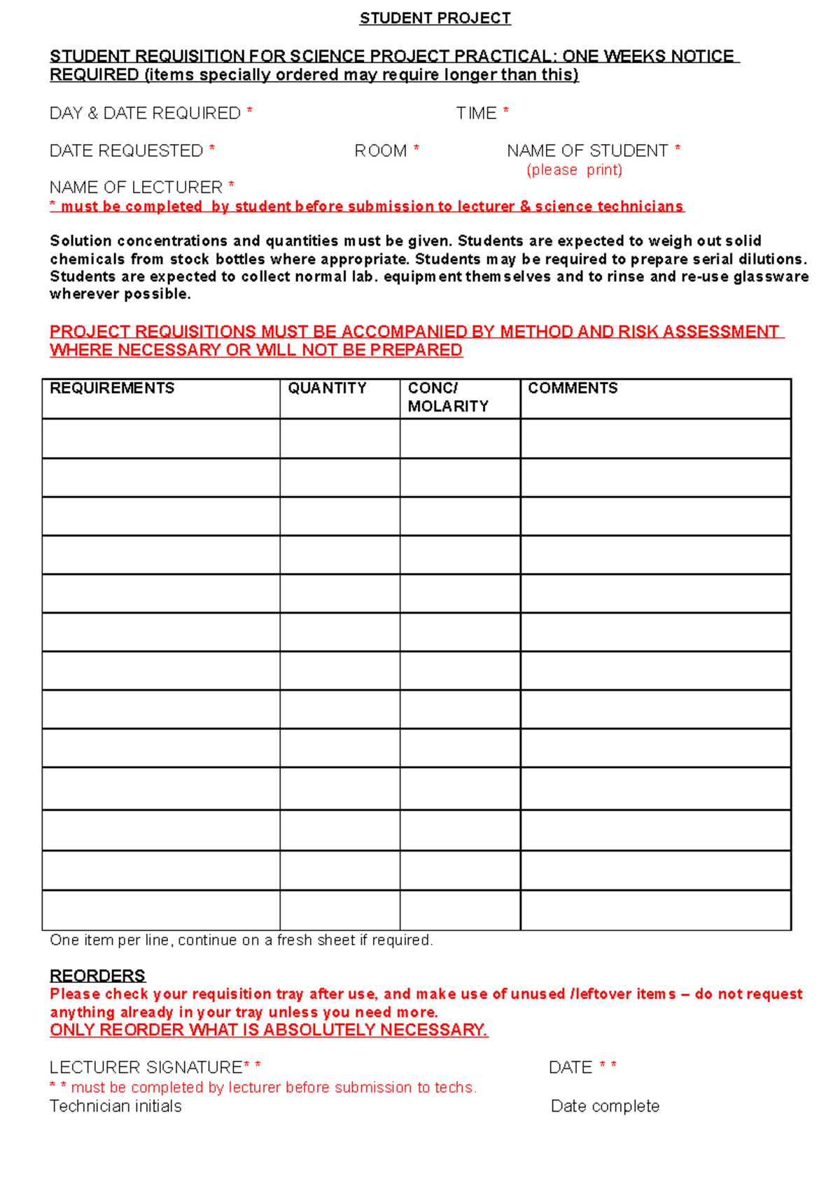 Requisition for student project practical activity blank form - STUDENT ...