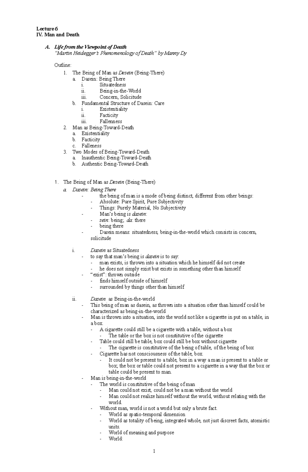 56238192 Lecture 6 Man and Death - Lecture 6 IV. Man and Death A. Life ...