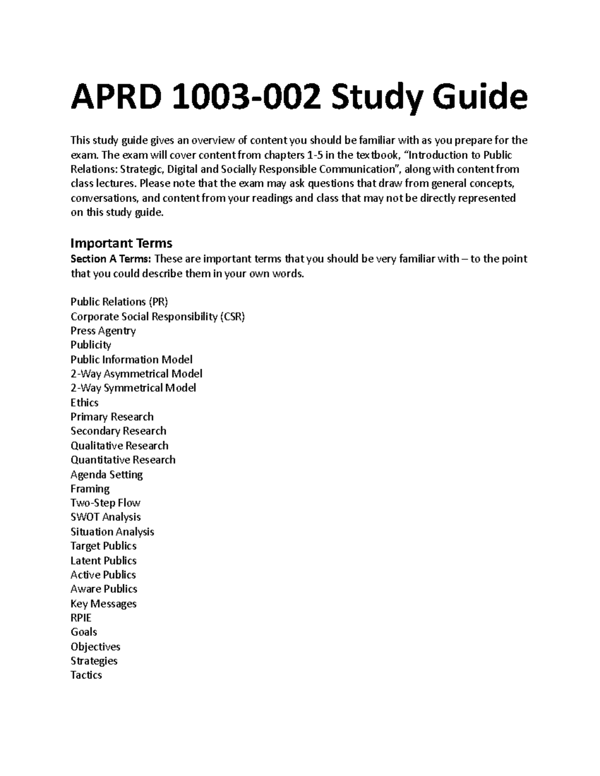 APRD 1003 Exam 1 Study Guide - APRD 1003-002 Study Guide This study ...