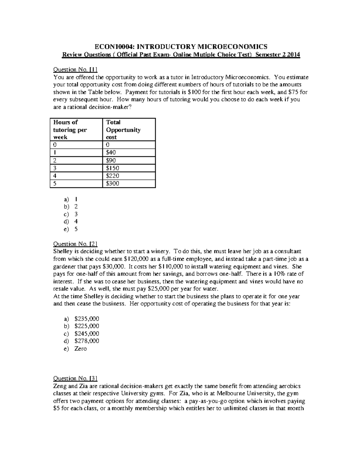 Econ10004 Official Online Exam Past Year Semester 2 2014 - ECON10004 ...