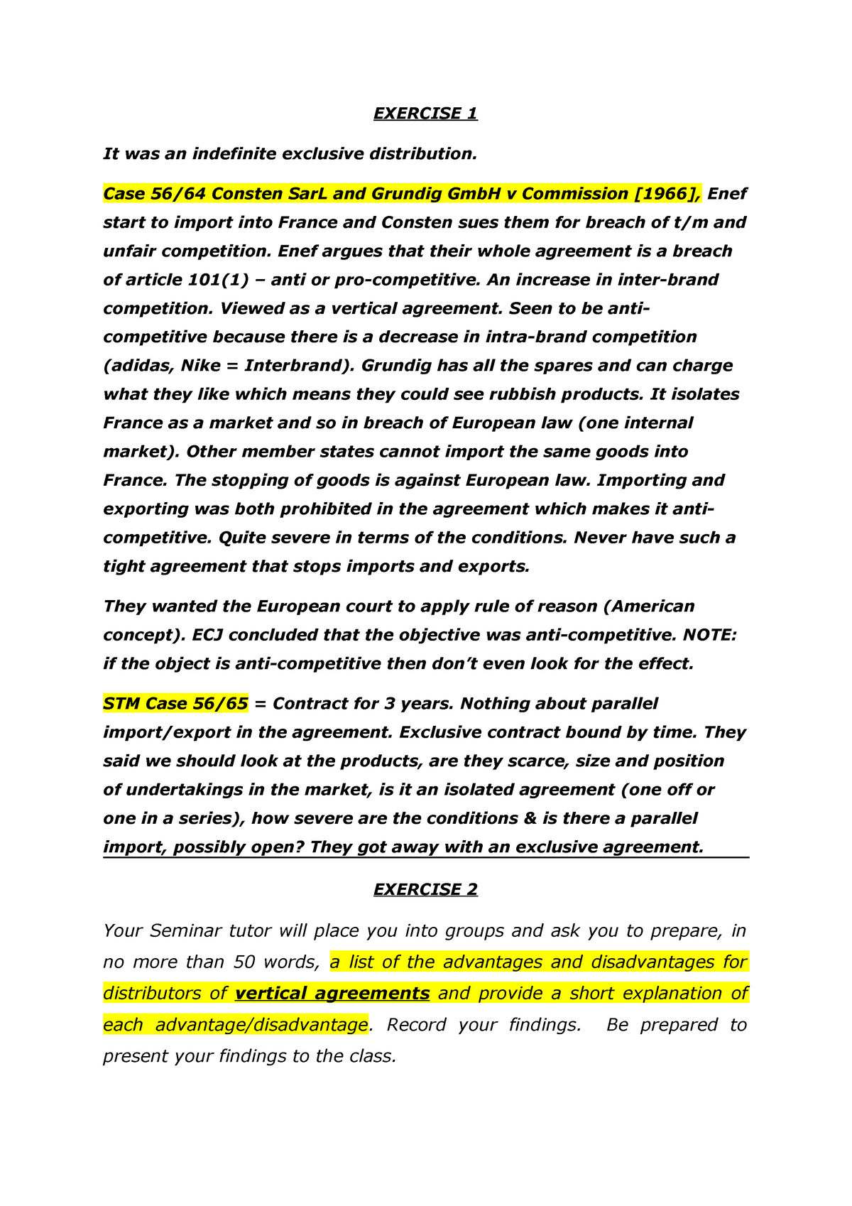 Vertical AND Horizontal Agreements - Competition Law - EXERCISE 1 It ...