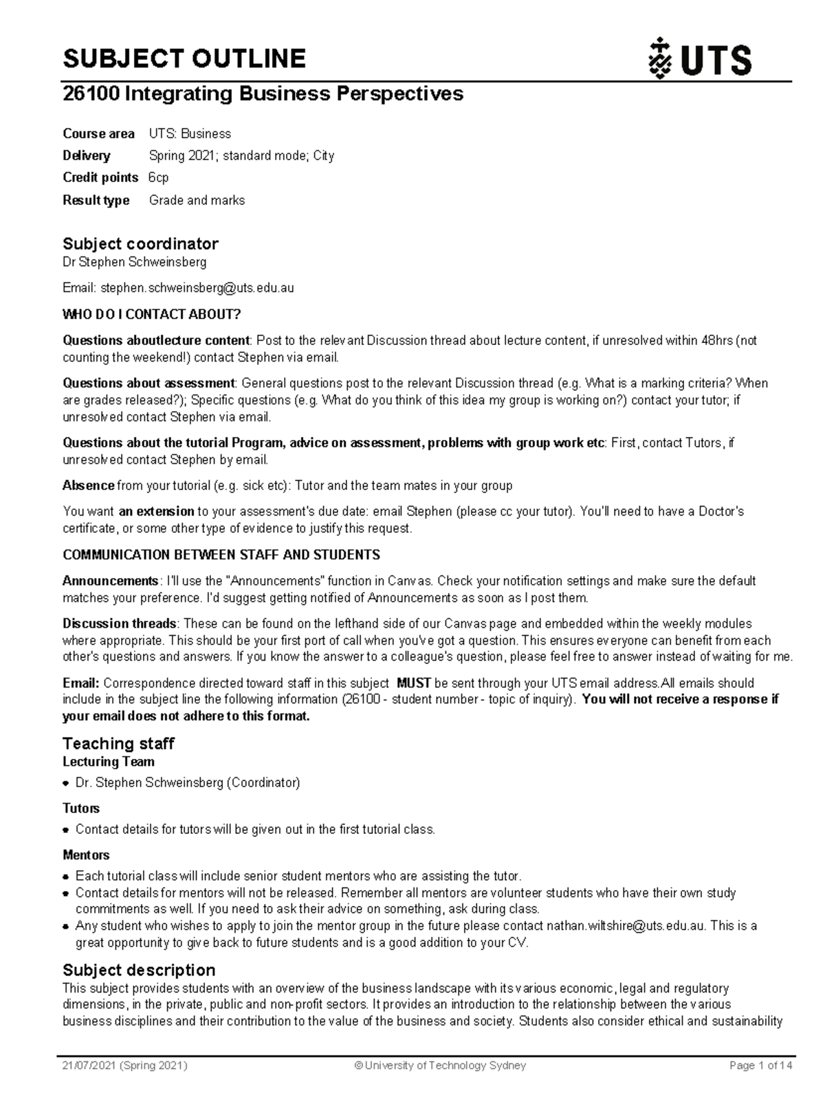 Subject Outline 3 - SUBJECT OUTLINE 26100 Integrating Business ...