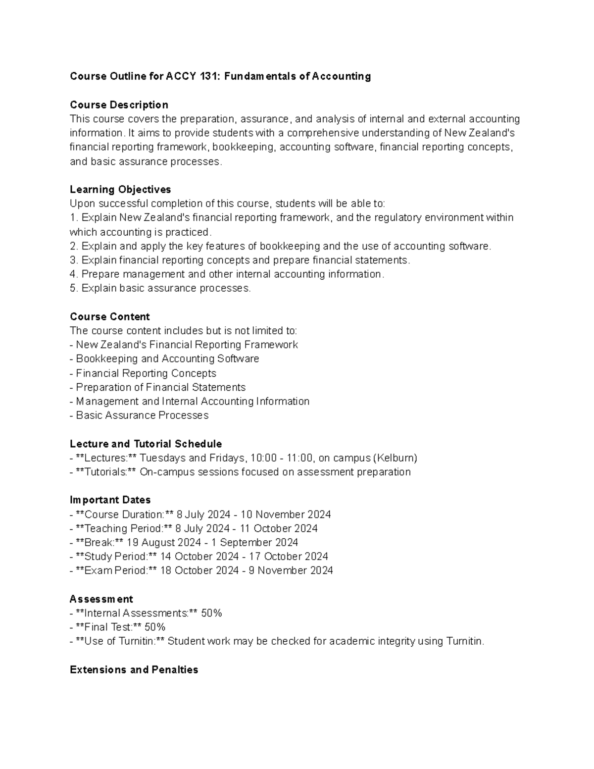 Course Outline for ACCY 131 Fundamentals of Accounting - Course Outline ...