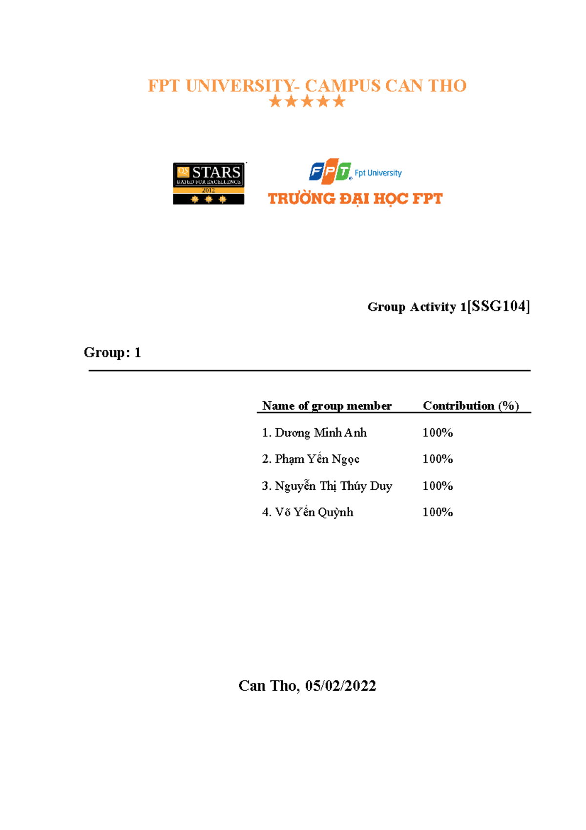 Activity Group 1 - Not - FPT UNIVERSITY- CAMPUS CAN THO Group Activity ...