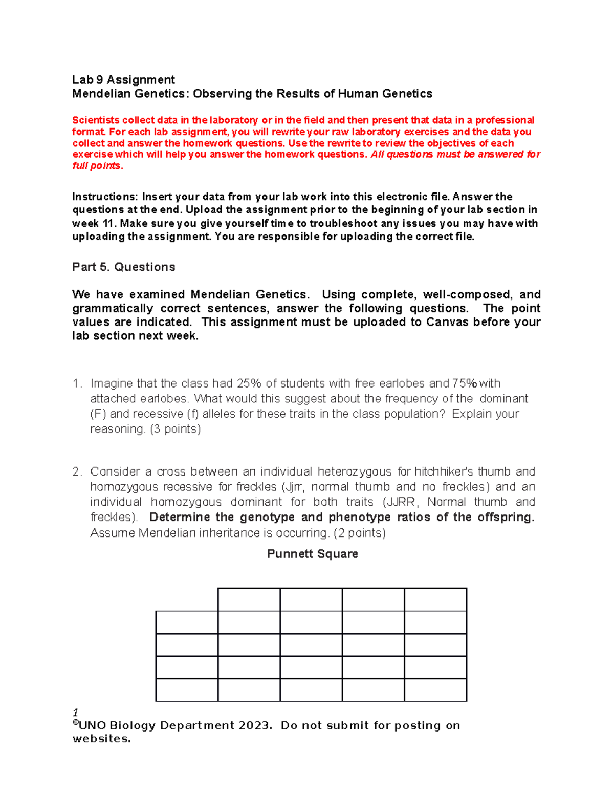 Lab+9+Assignment+Sp23 - Lab 9 Assignment Mendelian Genetics: Observing ...