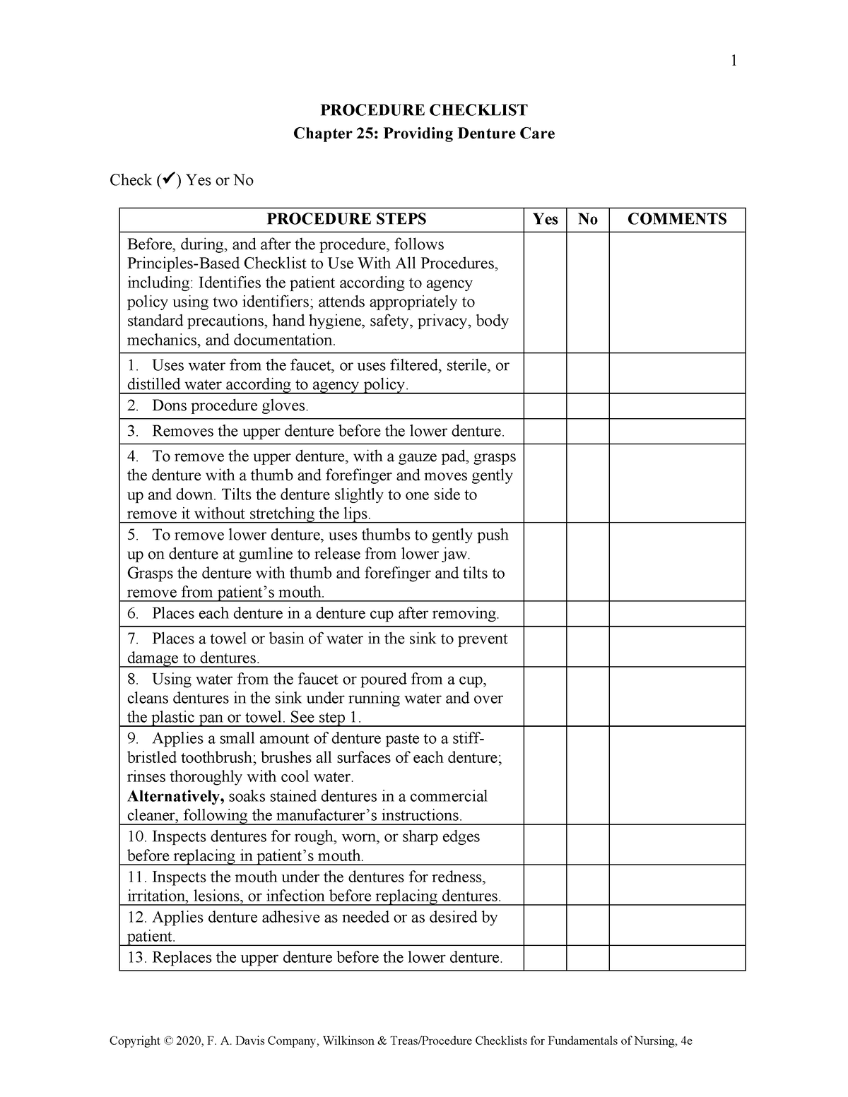 Providing Denture Care - 1 PROCEDURE CHECKLIST Chapter 25 : Providing ...