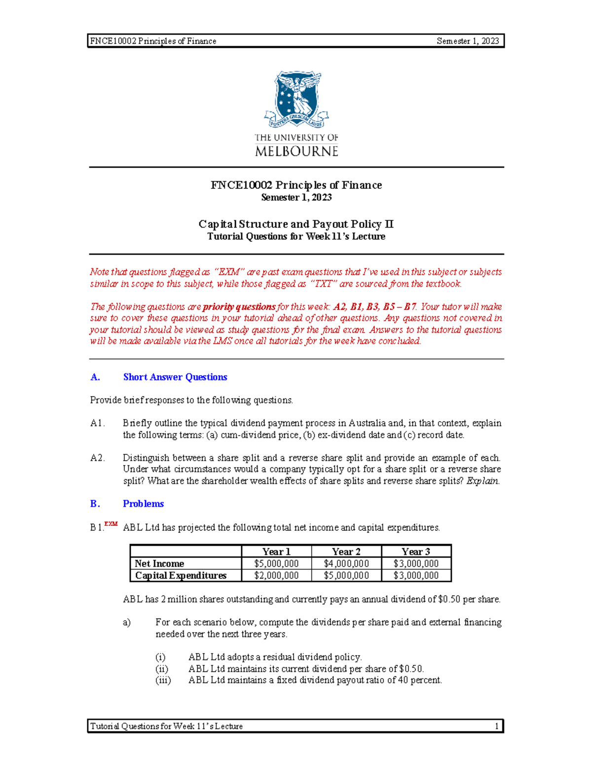 Tutorial+11+-+Cap+Str+2 - FNCE10002 Principles of Finance Semester 1 ...