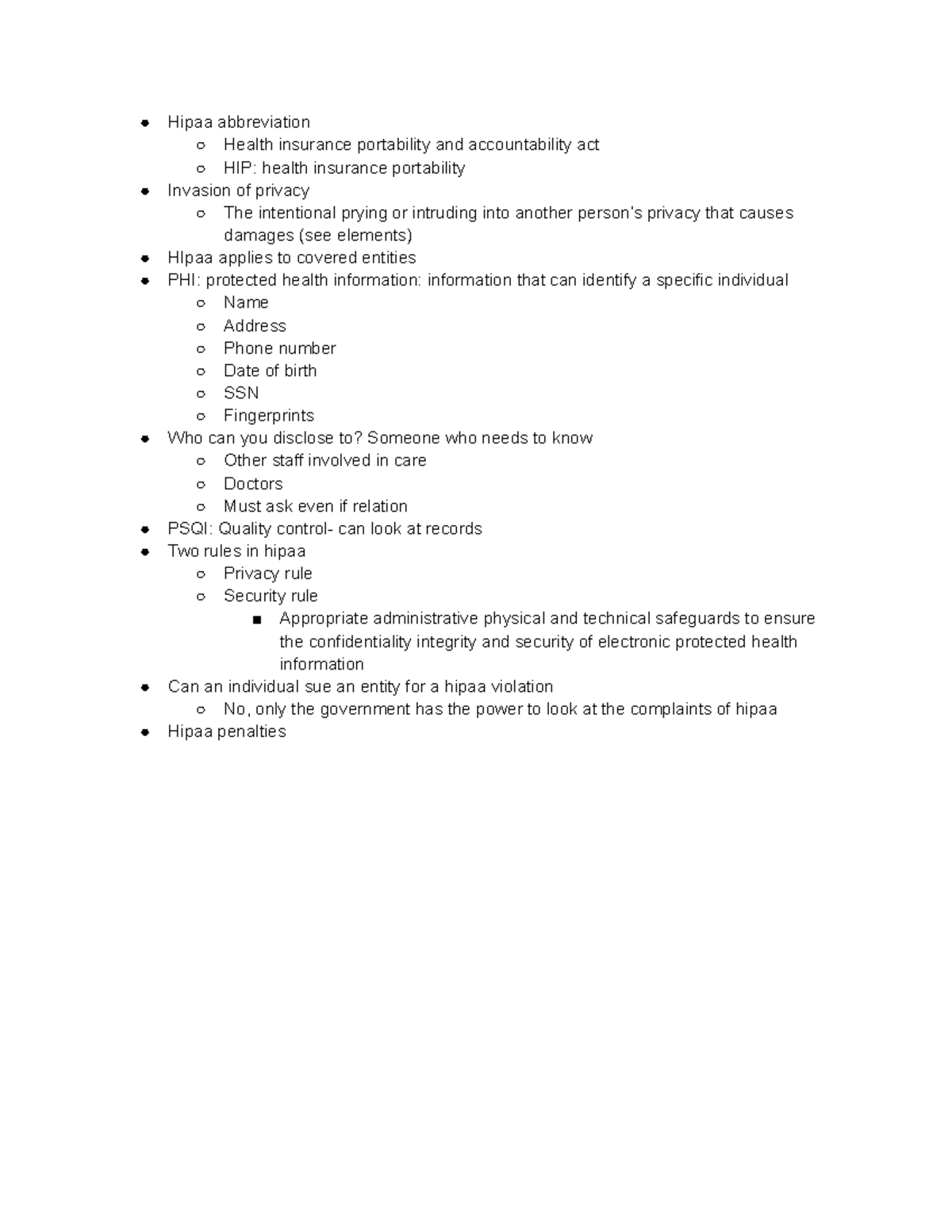 HLE 4-18 class notes - Hipaa abbreviation Health insurance portability ...
