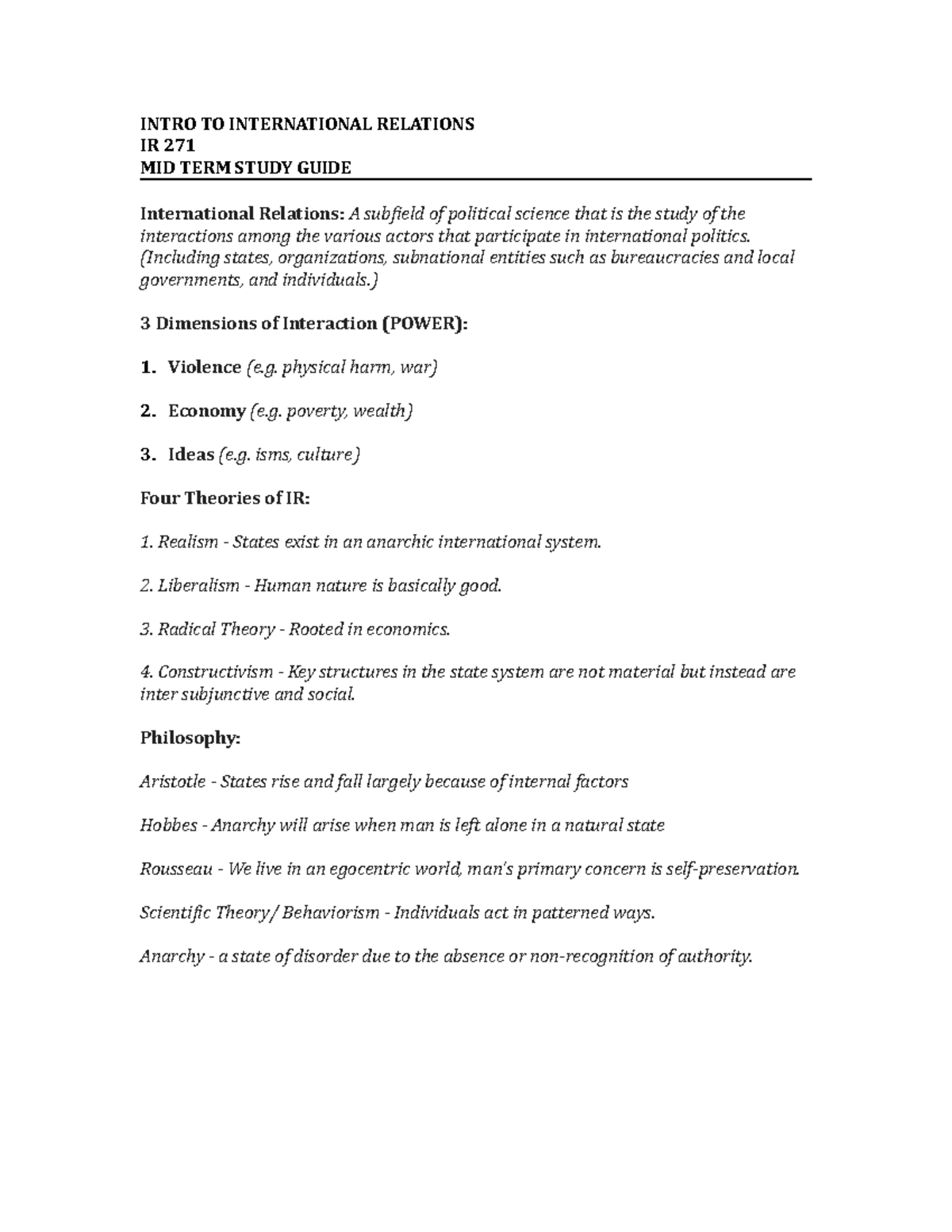 IR 271 Mid Term Study Guide - INTRO TO INTERNATIONAL RELATIONS IR 271 ...