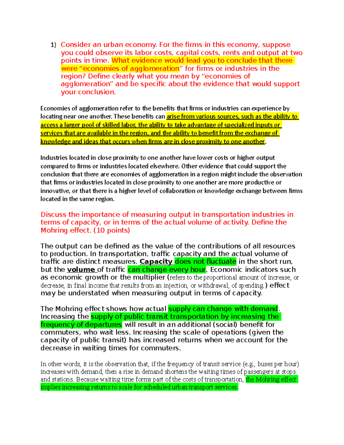 Econ 430 Final Review Q - econ notes - Consider an urban economy. For ...