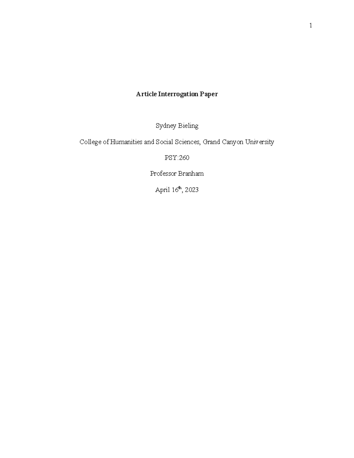 Article Interrogation Paper- Sydney Bieling - Article Interrogation ...