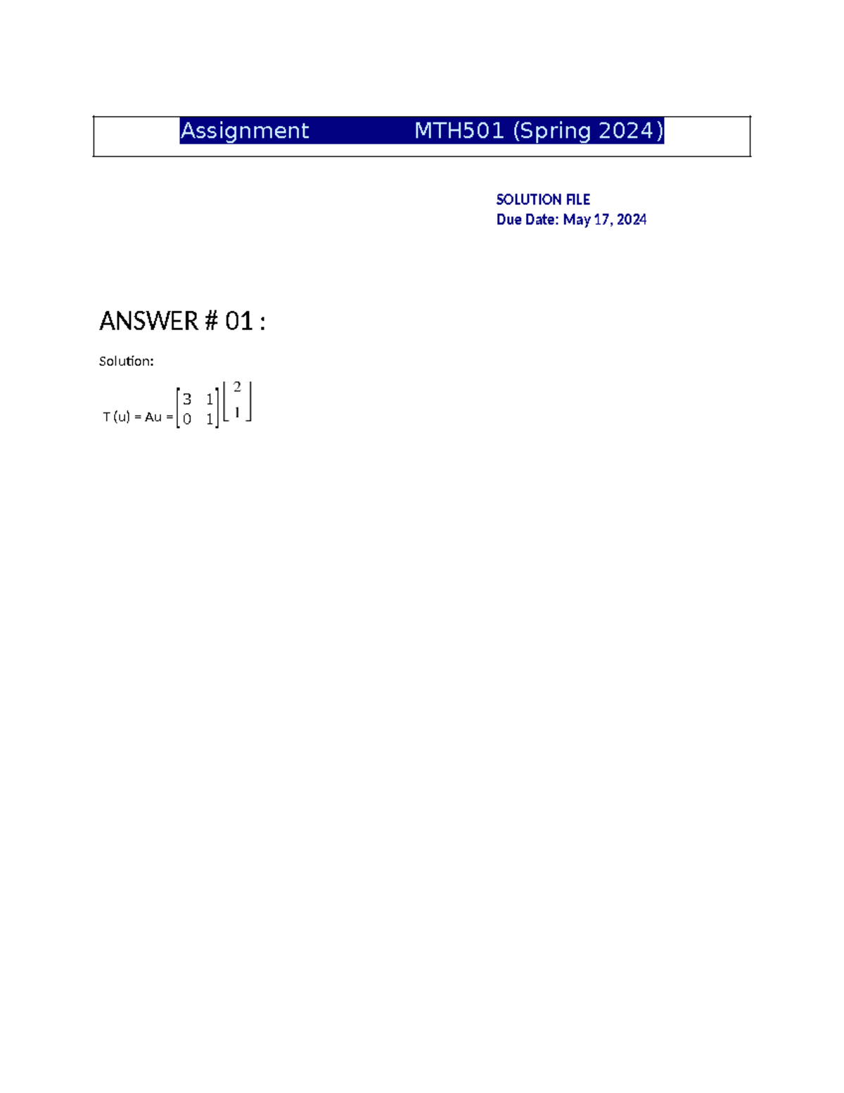 Maths Assignment - Linear Algebra - Assignment MTH501 (Spring 2024 ...