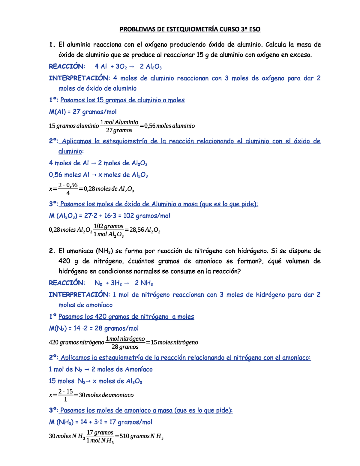 ESO 3 Física Y Química Estequiometría Problemas Resueltos - Química ...