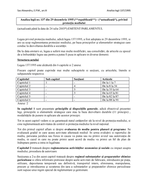 Analiza Lege 137 1995 Legea Protectiei Mediului Sas Alexandru An Iii Analiza Legii 137 Analiza Legii Nr 137 Din 29 Decembrie 1995 Republicat Actualizat Studocu