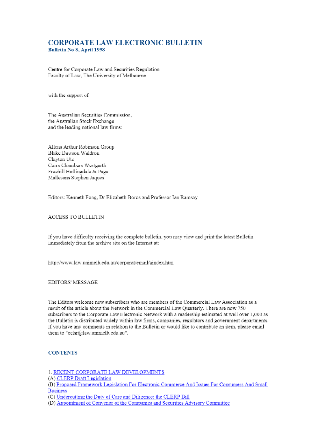 Corporate Law Bulletin 08 - April 1998 - BLAW 2001 - Studocu