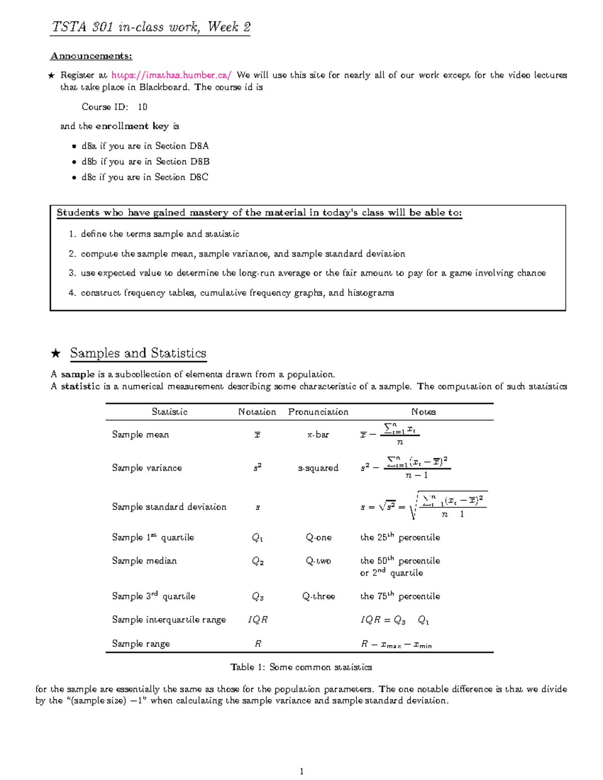 7 - Updated Week 2 Lecture Notes: Samples and statistics; Expected ...