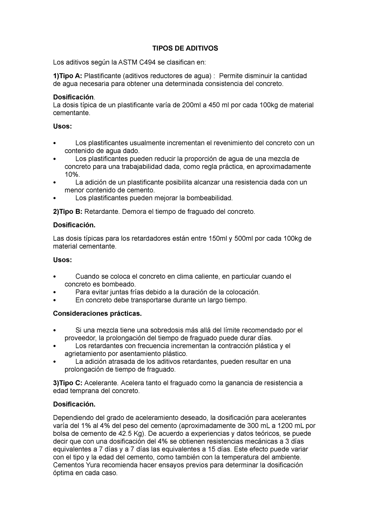 Tipos De Aditivos Tipos De Aditivos Los Aditivos Según La Astm C494 Se Clasifican En 1tipo A 9341