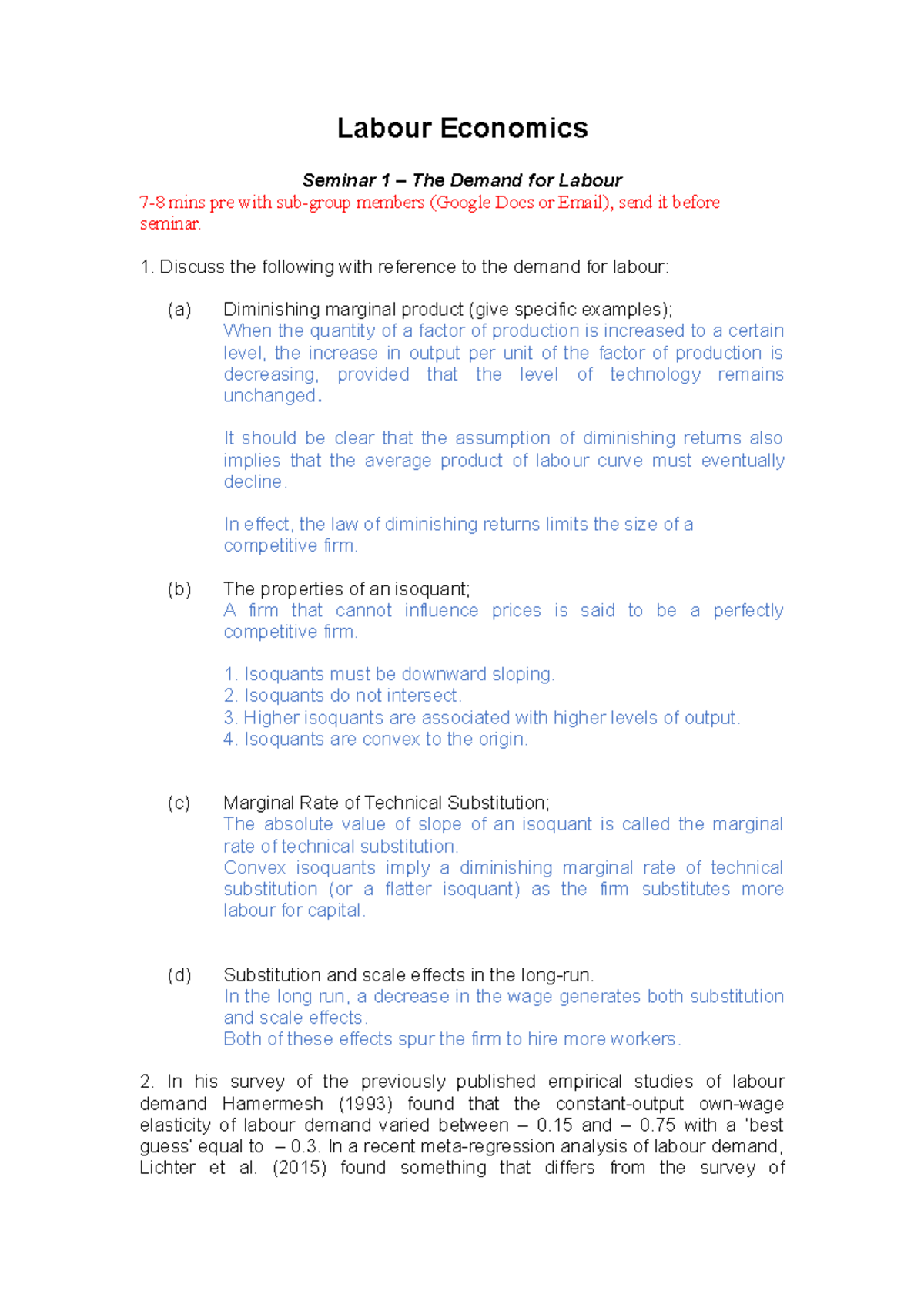 Seminar 1 - demand - Labour Economics Seminar 1 – The Demand for Labour ...