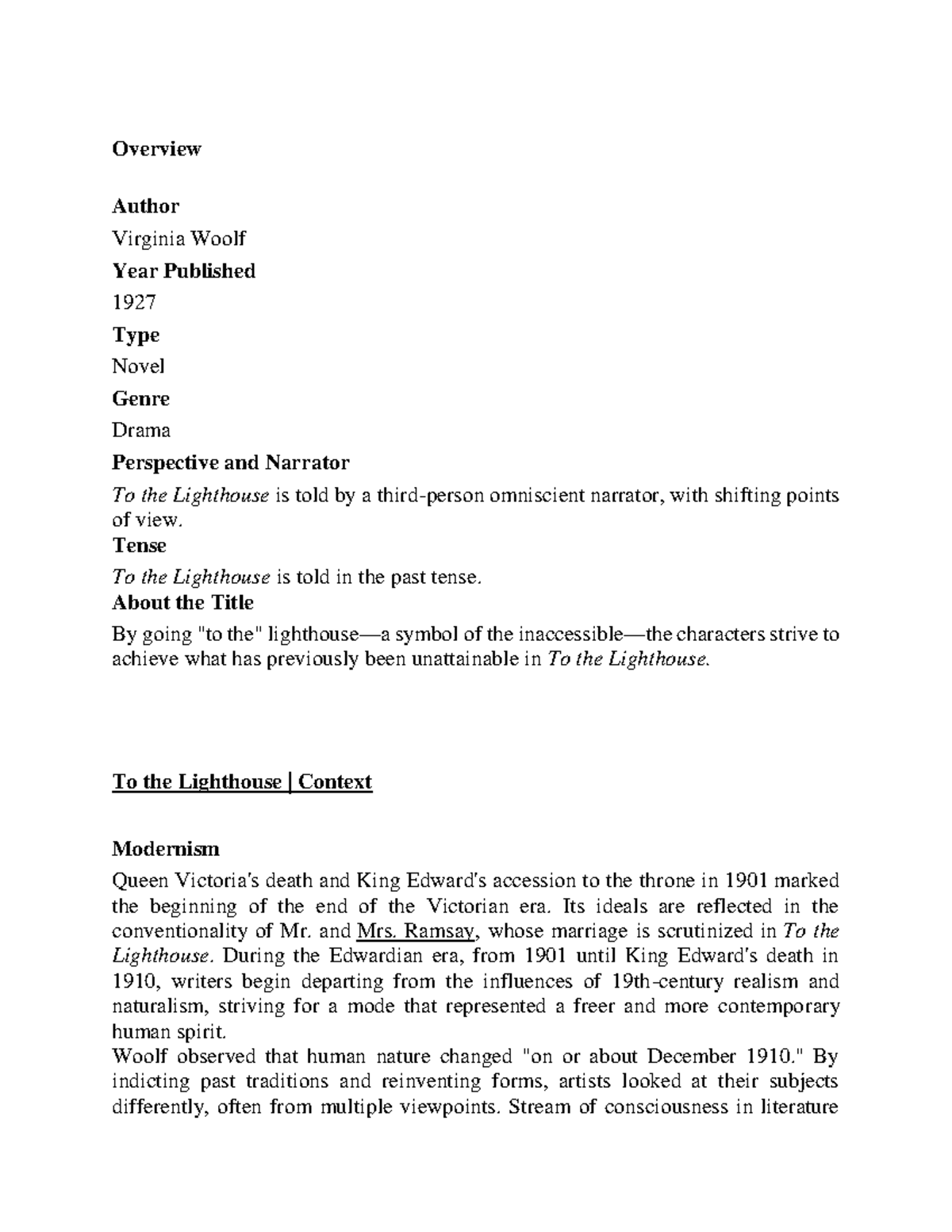 To the light house study guide - Overview Author Virginia Woolf Year ...
