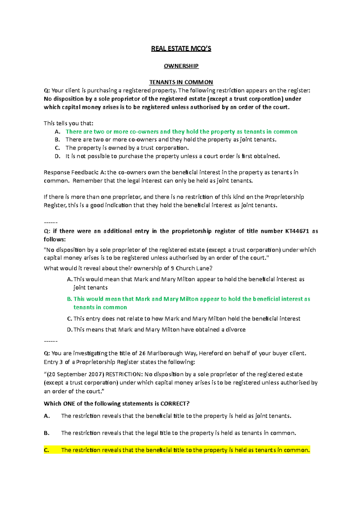 REAL Estate MCQ MCQ REAL ESTATE MCQ’S OWNERSHIP TENANTS IN COMMON Q