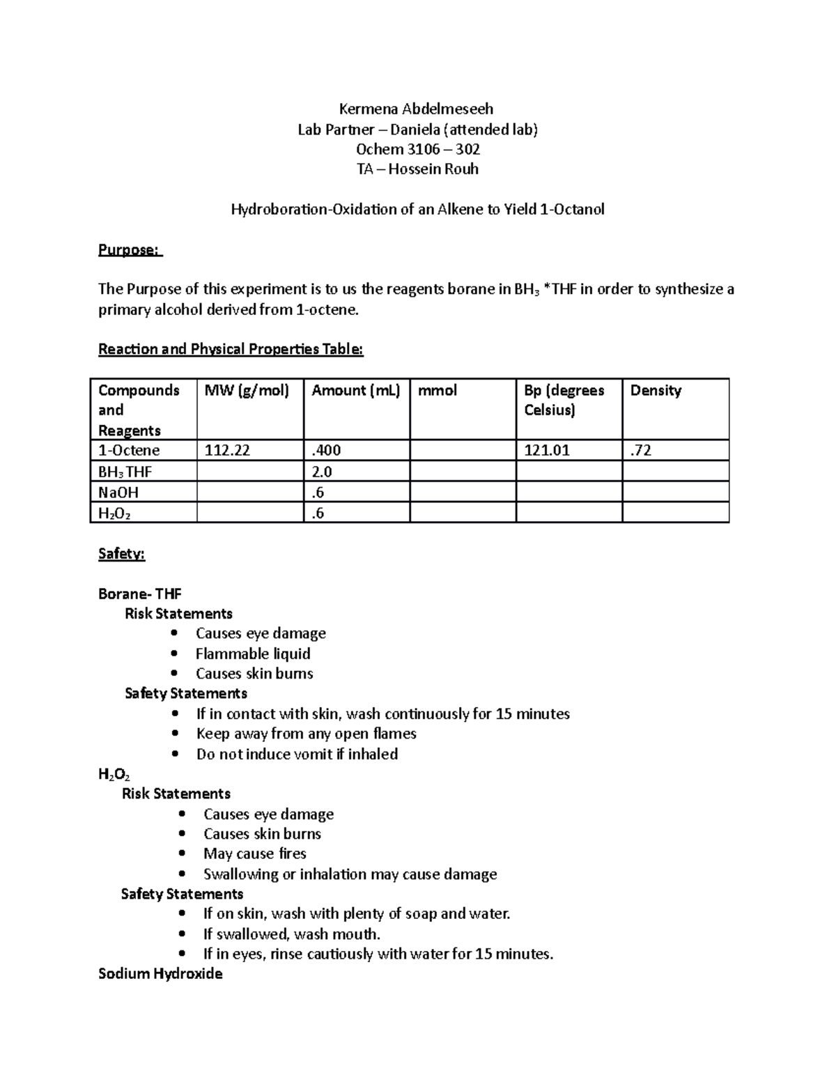 Chem Lab 3 - Ochem 2 Lab Material - Kermena Abdelmeseeh Lab Partner ...