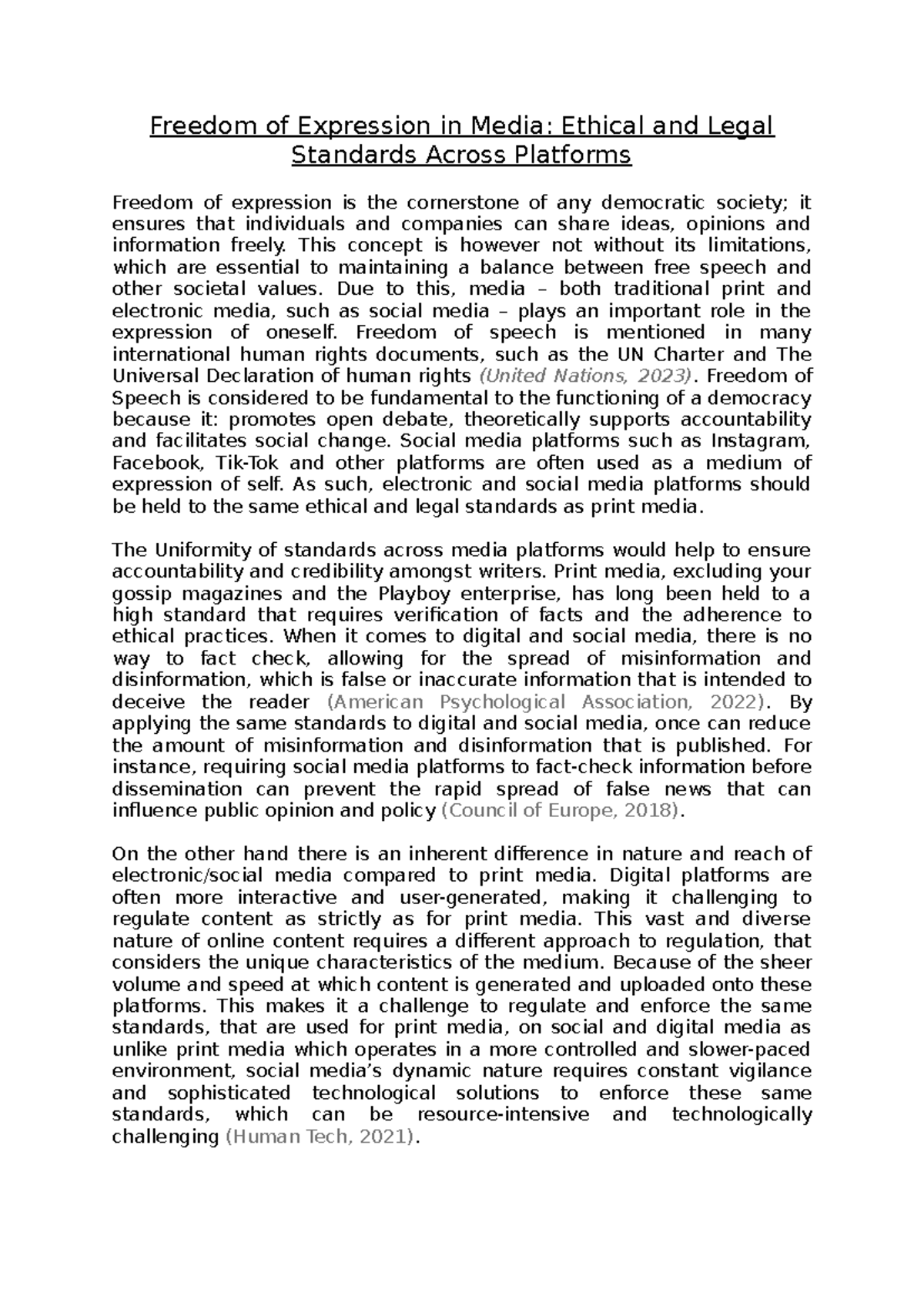 Essay on ai and social media freedom of expression in media ethical