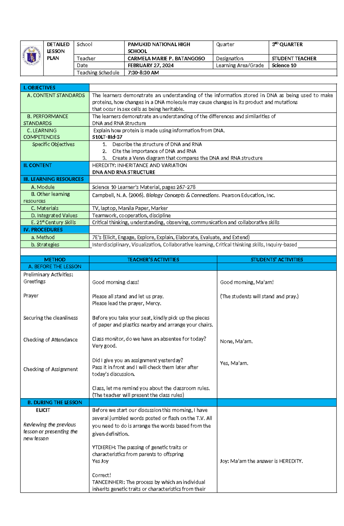 DNA and RNA Structure - DETAILED LESSON PLAN School PAMUKID NATIONAL ...