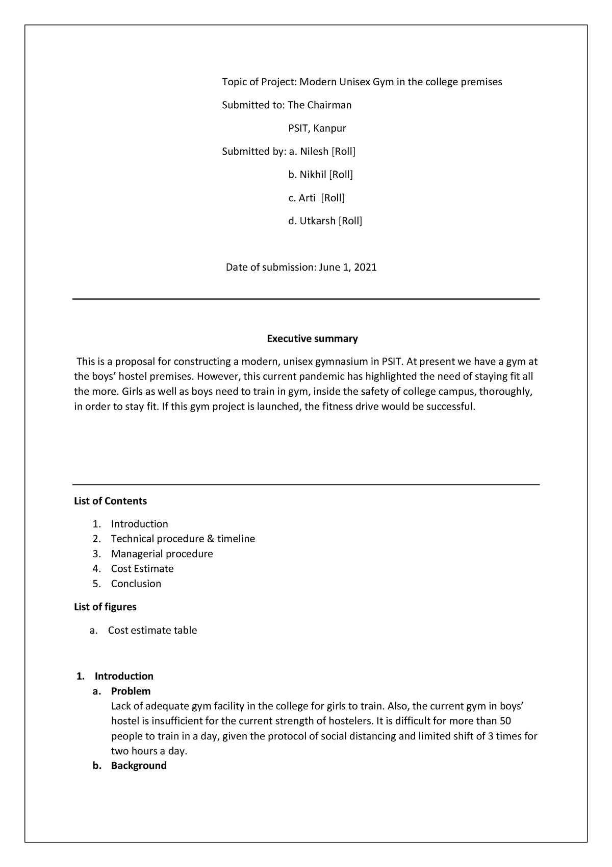 Format Of Proposal - Topic Of Project: Modern Unisex Gym In The College 