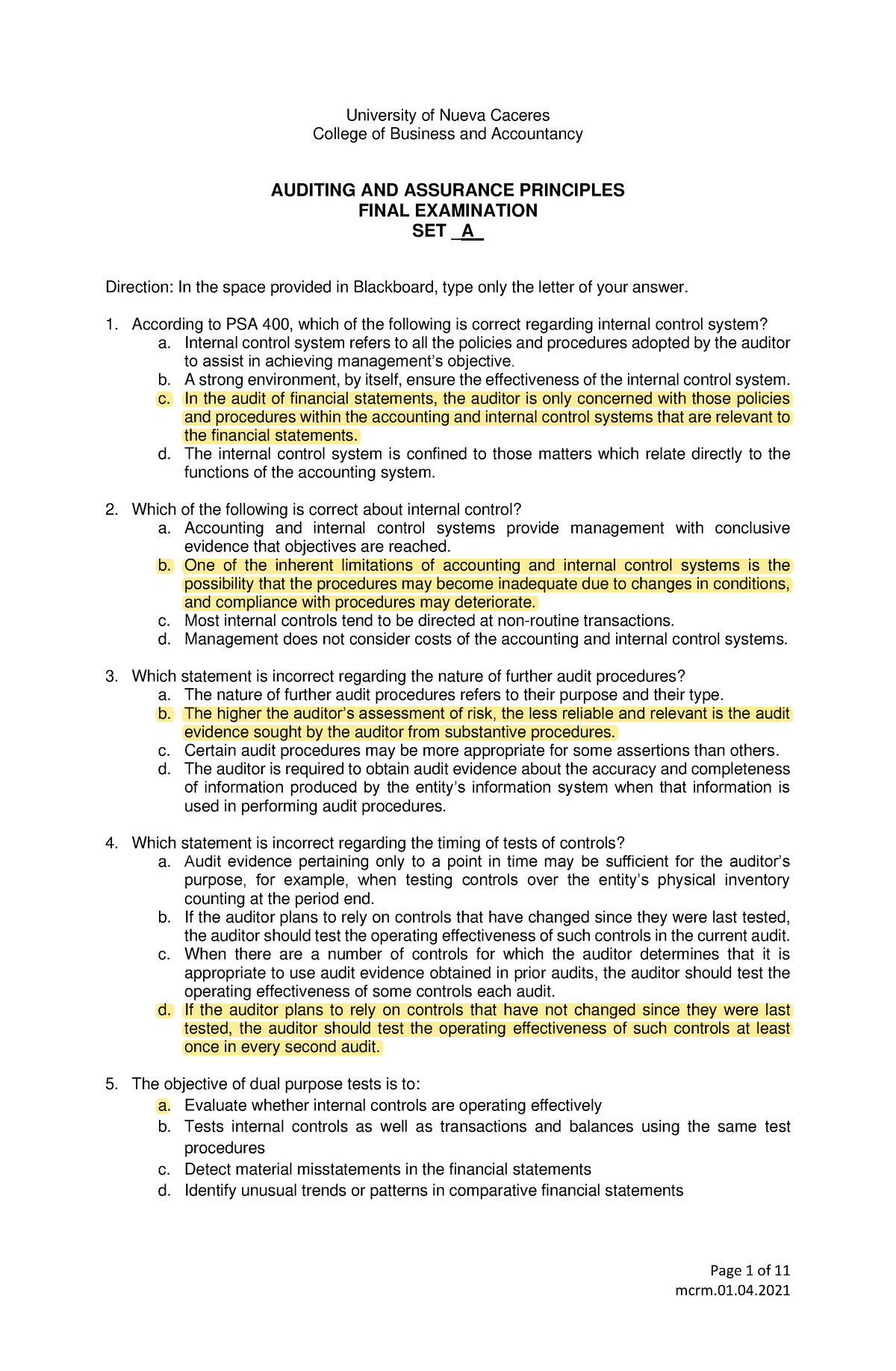 Auditing And Assurance Principles Final Exam Set A Answer KEY - Page 1 ...