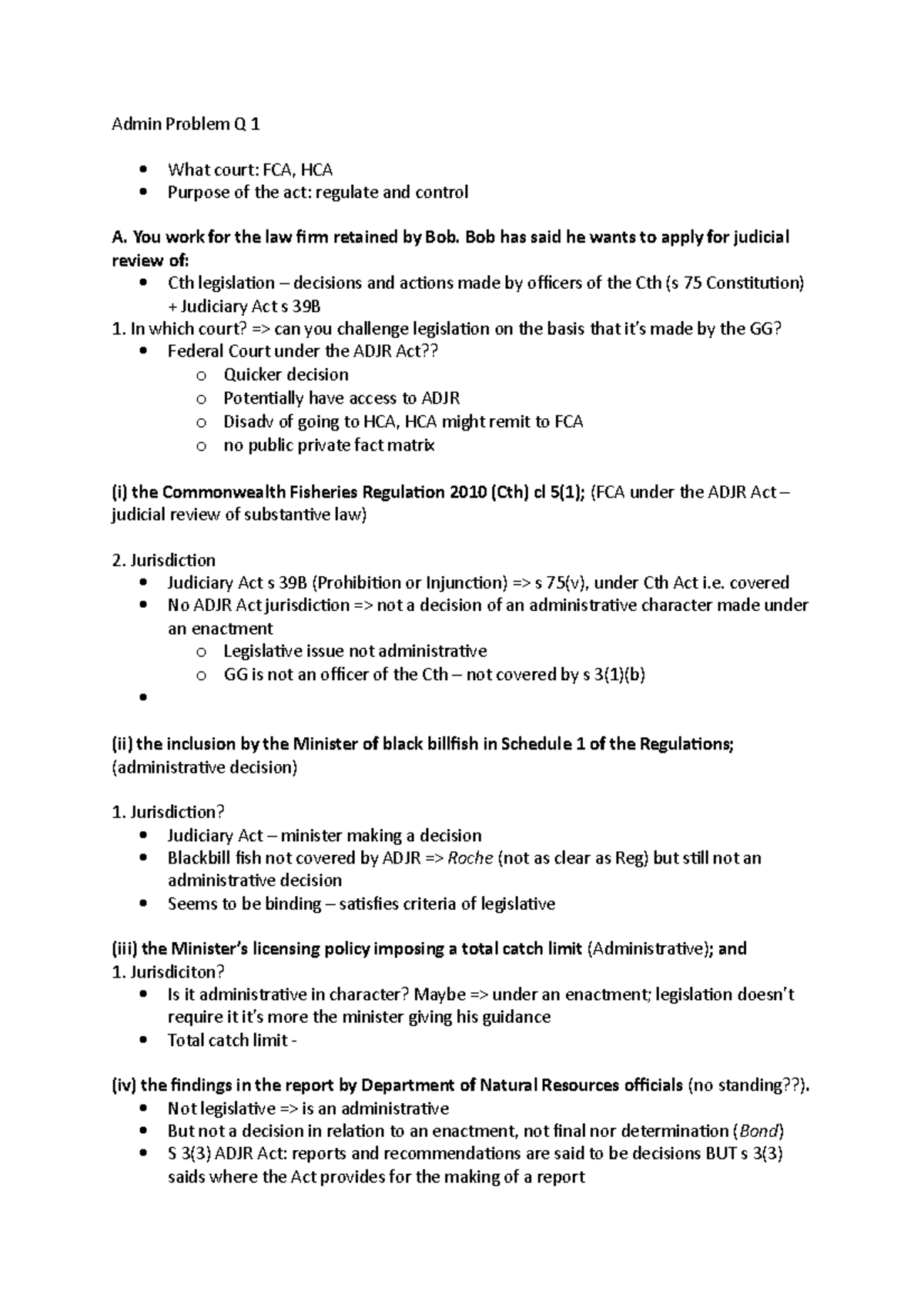 Admin Problem Questions - Admin Problem Q 1 What court: FCA, HCA ...
