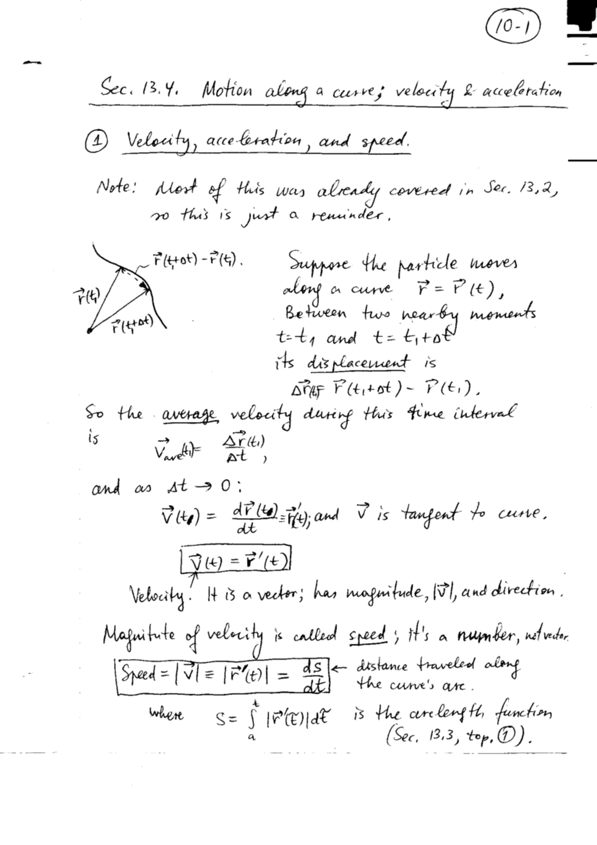 MATH121 2012-2013 Lecture Notes 10 - Motion along a curve; velocity and ...