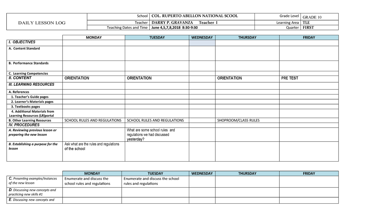 Tle-carpentry-dll - DAILY LESSON LOG School COL. RUPERTO ABELLON ...