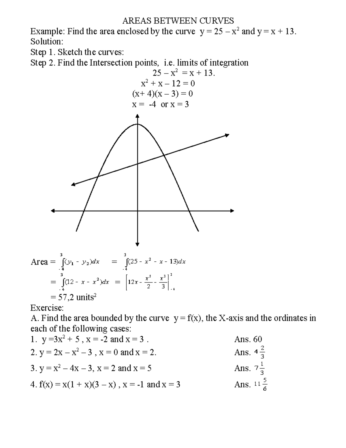 How To Find Areas Between Curves Notes AREAS BETWEEN CURVES Example 