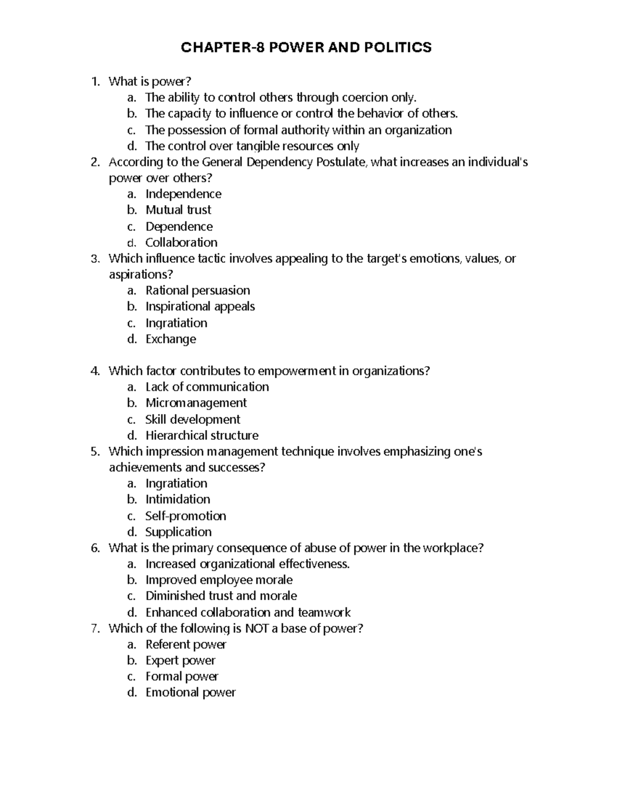 What is power - quiz related ques - CHAPTER-8 POWER AND POLITICS What ...