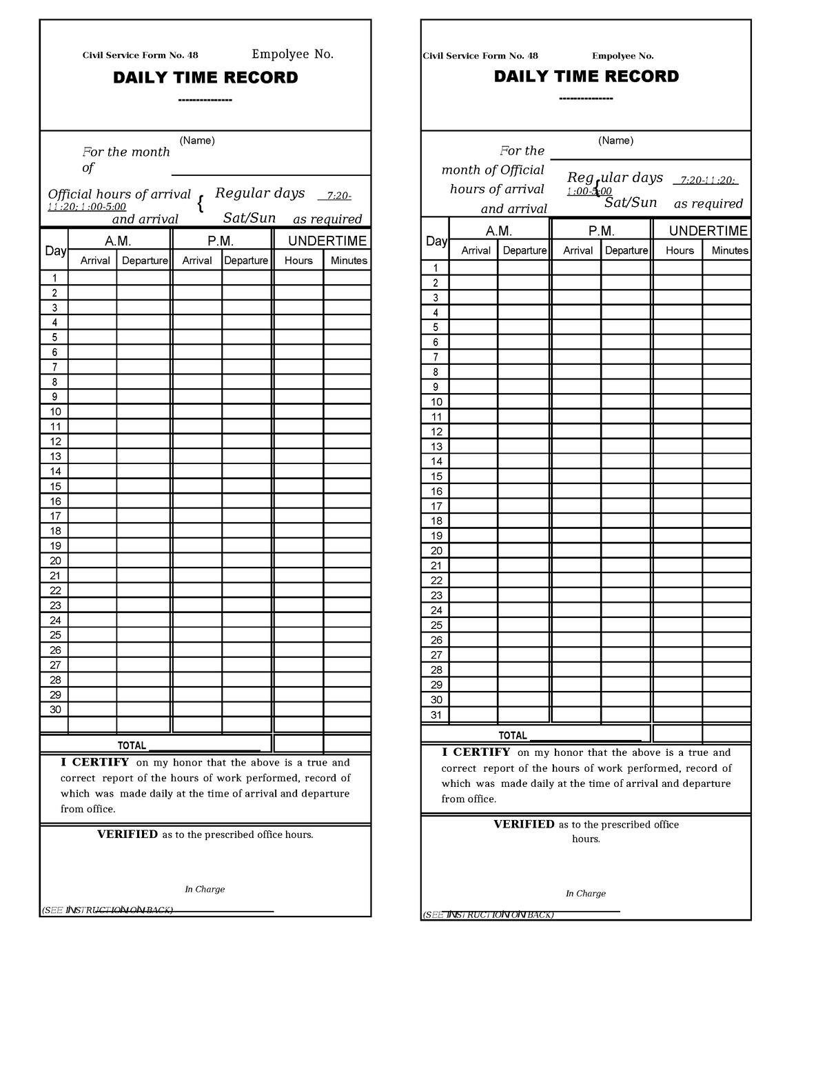 Dtr form - dtr - Civil Service Form No. 48 Empolyee No. DAILY TIME ...