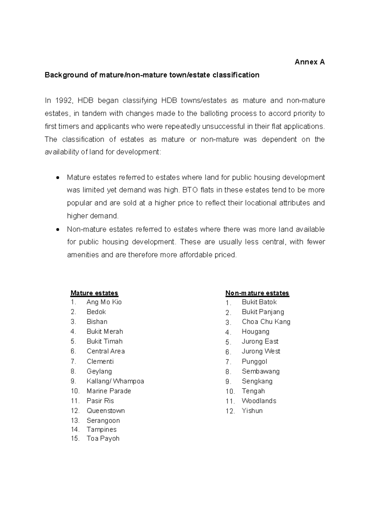 Annex A1 - Cpf - Annex A Background of mature/non-mature town/estate ...