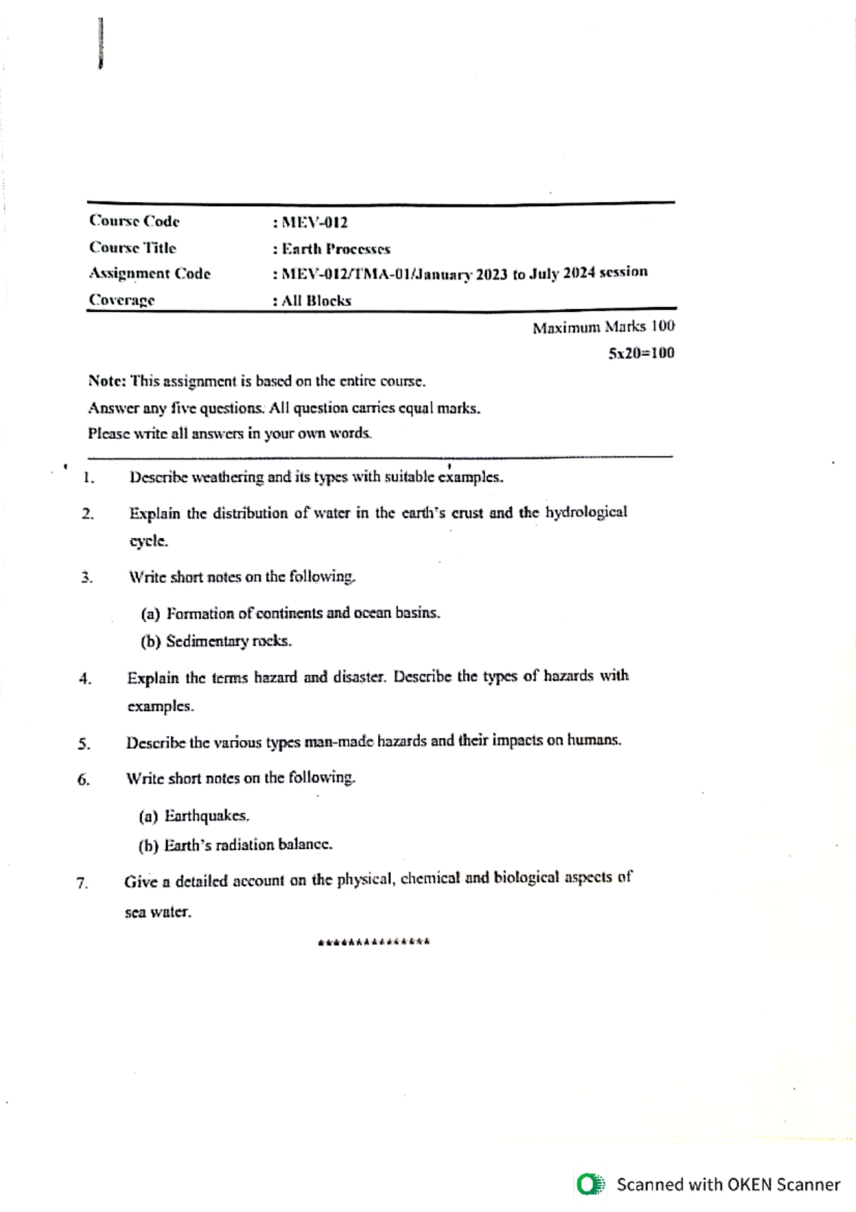 Msc environmental science - Course Code : Course Title : Earth ...