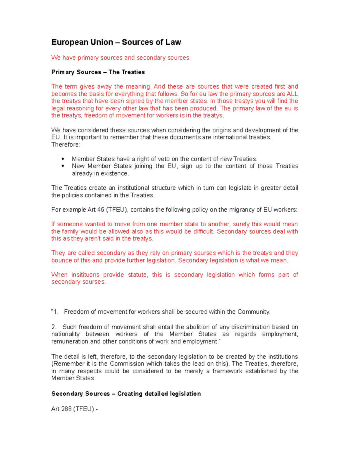 Sources of EU Law - Lecture notes 1 - European Union – Sources of Law ...
