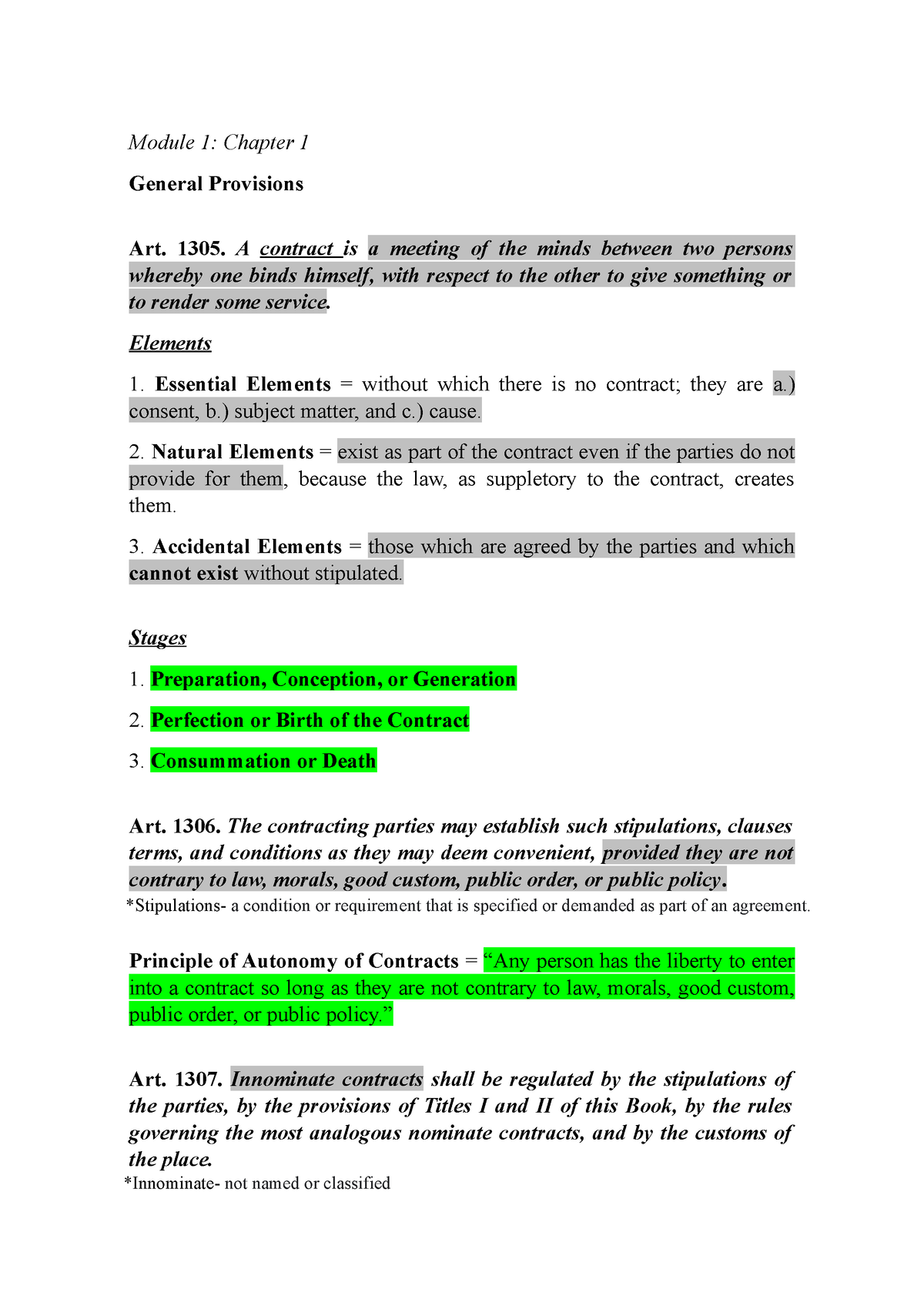 Module Chap Oblicon Brief Summary Of Contracts Module Chapter General Provisions