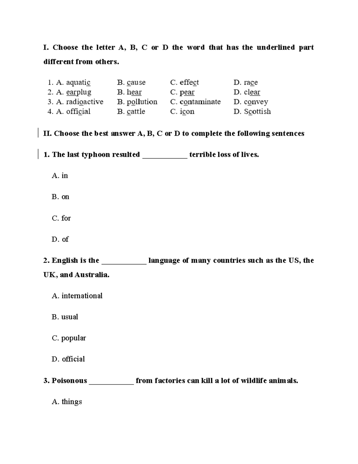 Đề ôn Thi - A Little Practise - I. Choose The Letter A, B, C Or D The ...