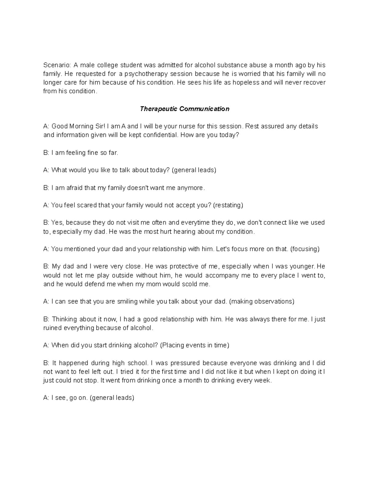 Nursing - Therapeutic Communication Scenario Sample - Scenario: A Male 