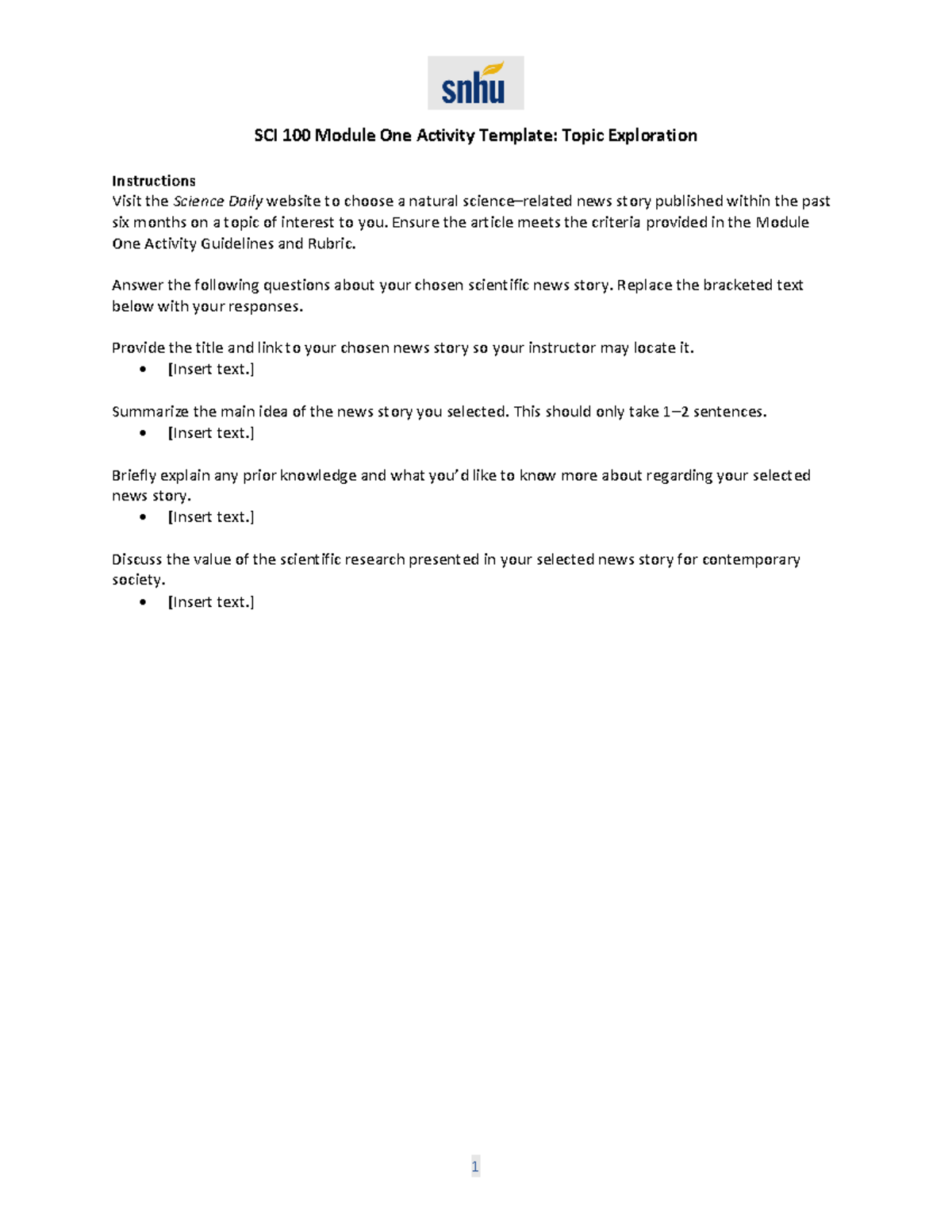 Module 1 Activity - 1 SCI 100 Module One Activity Template: Topic ...