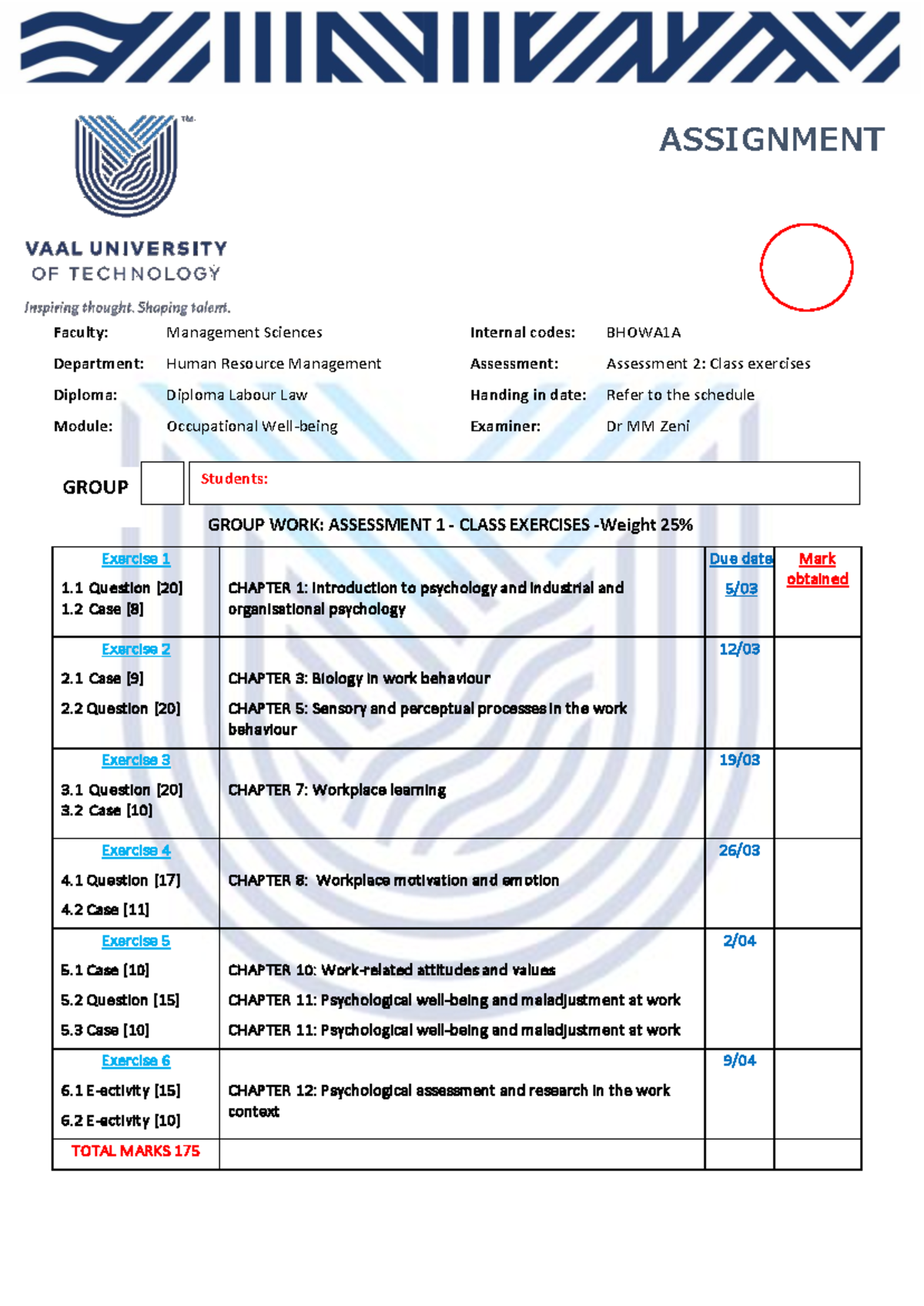 Assessment 1 GW Class Exercises Schedule - ASSIGNMENT Faculty ...