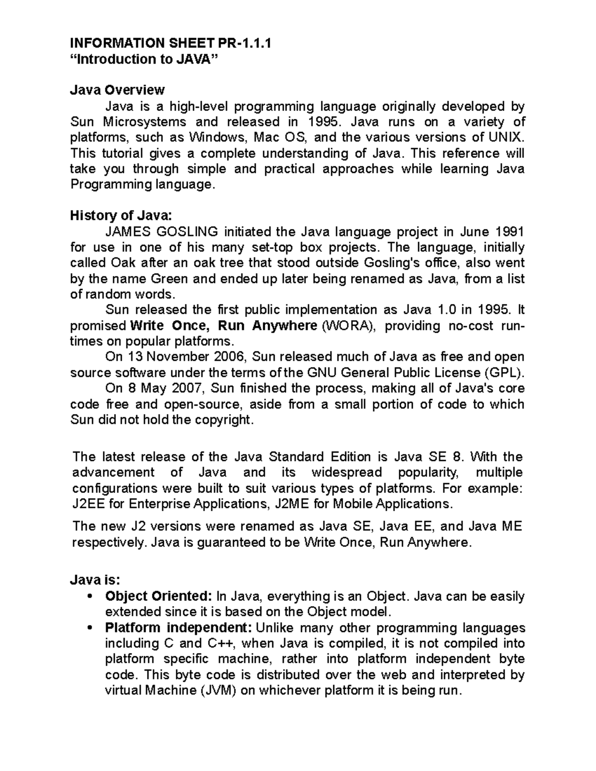 CC103 Prelim - Academic - INFORMATION SHEET PR-1. “Introduction to JAVA ...
